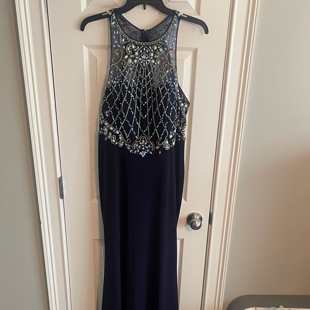 Beaded High-Neck Navy Prom Dress